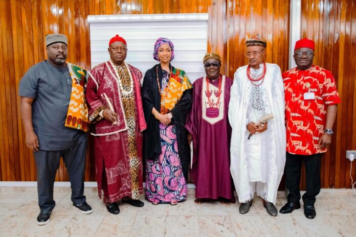 L-R: Obi Asika DG National Council for Arts and Culture (NCAC), HRM Gregory Ilogrika, leader of Igbo community in Akure, leader of the delegation HRM Sylvester Onuegbu of Oguta Imo state , HRM Stephen Onwualinmba of Ussaka of Abia State, Hon Okafor Dominic feanyi, Member House Committee on Culture and Tourism during a Courtesy visit of South East First Class Traditional Rulers to the Minister, Barrister Hannatu Musa Musawa on the 15th of August 2024.