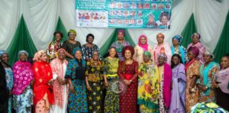 8th from left - Honourable Minister of Women Affairs, Barrister (Mrs) Uju Kennedy-Ohanenye, Director-General, Maryam Babangida National Centre for Women Development, Dr. Asabe Bashir and some Commissioners of Women Affairs at the Opening Ceremony of a 2-day Capacity Building Workshop in Abuja today