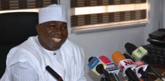 The Honourable Minister of Special Duties and Inter-governmental Affairs, Zaphaniah Jisalo, at the Press briefing in Abuja.
