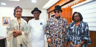 L-R: Hannatu Musa Musawa Minister of Art, Culture and Creative Economy; Abiante Awaii-Inombek Dagomie representing Andoni-Opobo/Nkoro Federal Constituency Rivers State; His Royal Majesty, King (Dr.) Dandeson Douglas Jaja, Jeki V, Treaty King, Natural Ruler, the Amanyanabo of Opobo Kingdom; Patricia Roberts Ibiene Permanent Secretary Ministry of Art Culture and the Creative Economy at the inauguration of Technical Committee for the establishment of the King Jaja of Opobo Cultural and Historical Centre in Opobo, Rivers State. 6th August 2024