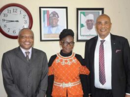 The Acting Secretary NNMA Mercy Matilda Musa Moro'a (M), Professor Friday Okonofua, General Secretary, African Academy of Sciences, (R) and Professor Hilary Inyang Inyang, NNOM Renowned Professor of Geoenvironmental Engineering, ( L)