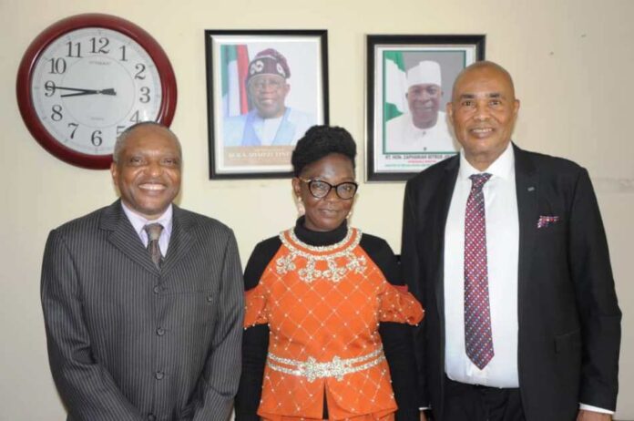 NNMA and AAS Explore Strategic Partnership The Acting Secretary NNMA Mercy Matilda Musa Moro'a (M), Professor Friday Okonofua, General Secretary, African Academy of Sciences, (R) and Professor Hilary Inyang Inyang, NNOM Renowned Professor of Geoenvironmental Engineering, ( L)