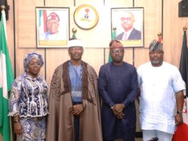 L-R: The Permanent Secretary Ministry of Interior, Dr. Magdalene Ajani, the Chairman, Council of Chiefs, Kwali Area Council in the Federal Capital Territory (FCT), His Royal Highness Etsu Luka Ayedo Nizassan III, the Honourable Minister of Interior, Dr. Olubunmi Tunji-Ojo and the Chairman, Association of Local Governments of Nigeria (ALGON) FCT Chapter, Hon. Danladi Chiya, during the courtesy visit at the Ministry's Headquarters in Abuja.