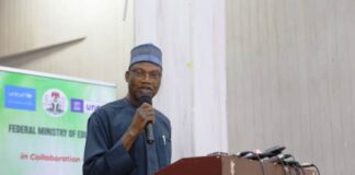 The Honourable Minister for Education Prof Tahir Mamman giving the key note address during the one-day pre-validation meeting of stakeholders on the draft National policy on Skills Development at NUC Maitama Abuja