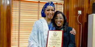 L-R: Hannatu Musa Musawa Hon. Minister of Art, Culture and the Creative Economy receiving a courtesy plaque from Adeniyi Mobolaji Fnia-Pnia the President of the Nigerian Institute of Architects (NIA) on behalf of the institute on the 9th of August 2024