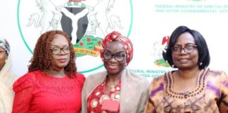 The new PS, FMSDIGA, Maryam Keshinro (m) flanked by PS, Cabinet Affairs Office, Dr. Emanso Umobong (l) & former PS, Ibiene Roberts at the handover ceremony.