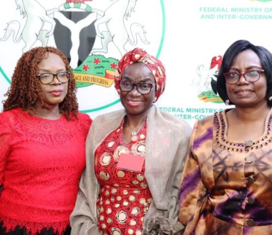 The new PS, FMSDIGA, Maryam Keshinro (m) flanked by PS, Cabinet Affairs Office, Dr. Emanso Umobong (l) & former PS, Ibiene Roberts at the handover ceremony.