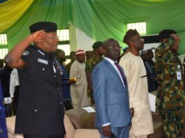 Inspector General of Police, IGP Olukayode Adeola Egbetokun, and Permanent Secretary, Ministry of Police Affairs, Mr. James Sule during the Nigeria Police Force Youth Summit in commemoration of the 2024 United Nations International Youths Day Celebration with the theme: Enhancing the Nigeria Youth’s Value for National Security Intelligence held at the Nigeria Police Resource Centre at Jabi, Abuja