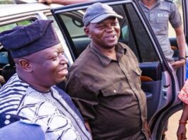 Honourable Minister of Water Resources and Sanitation, Engr. Prof. Joseph Terlumun Utsev( R), Osun State Commissioner for Water Resources Hon. Sunday Olufemi Oroniyi (L) during the inspection of Ilesha Water Supply Project, on Thursday 22nd August 2024, at Ilesha, Osun State