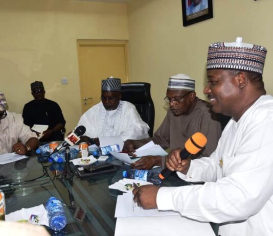 Hon. Minister of Education, Prof. Tahir Mamman OON,SAN(2nd Right); Hon. Minister of State for Education, Dr. Yusuf Tanko Sununu (2nd Left) Permanent Secretary, Federal Ministry of Education, Dr Nasir Sani-Gwarzo,mni,NPOM,FWACP (1st Right); and Chairman, House Committee on Federal Polytechnic & Higher Technical Education, Hon. Fuad Kayode Laguda(1st Left) during familiarisation visit of the Committee to the Ministry of Education in Abuja on Wednesday, 14th August, 2024.