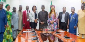 6th from right - Honourable Minister of Women Affairs, Barrister (Mrs) Uju Kennedy-Ohanenye, Chief Medical Director, National Hospital, Abuja, Prof. Muhammad Mahmud during a courtesy visit at the Ministry's Headquarters in Abuja today