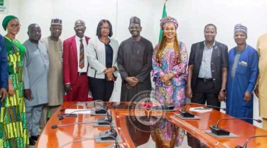 6th from right - Honourable Minister of Women Affairs, Barrister (Mrs) Uju Kennedy-Ohanenye, Chief Medical Director, National Hospital, Abuja, Prof. Muhammad Mahmud during a courtesy visit at the Ministry's Headquarters in Abuja today
