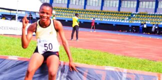 Gold medalist in 100 meters (female) Nwankwo Chigocie from Anambra state, celebrating after finishing first at the National Youth Game, Asaba 2024