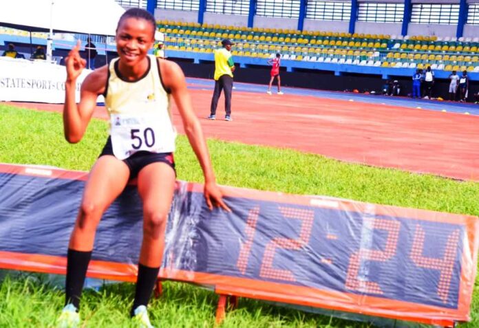 100M Finals Decided At National Youths Games 8 Gold medalist in 100 meters (female) Nwankwo Chigocie from Anambra state, celebrating after finishing first at the National Youth Game, Asaba 2024