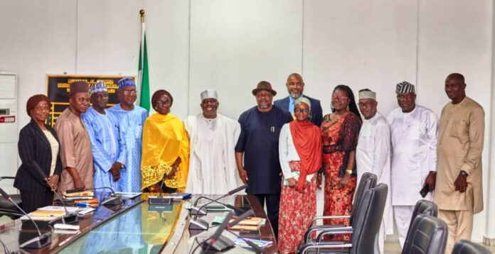 2024 National Honours Award Minister of Special Duties and Intergovernmental Affairs, FMSDIGA, Zaphaniah Jisalo (6th l), Permanent Secretary, FMSDIGA, Dr. Maryam Keshinro (5th l) with Directors of the Ministry after the Management meeting.