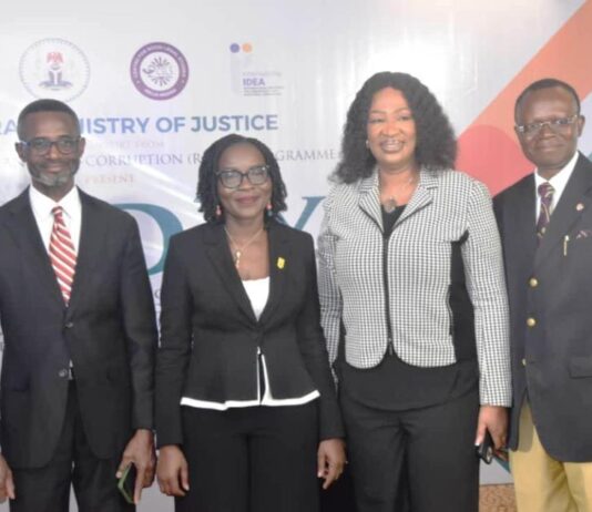 From Left: Associate Project Officer, Rule of Law and Anti corruption Programme, Peter Omenka; Solicitor General of the Federation and Permanent Secretary, Federal Ministry of Justice (FMOJ) , Mrs Beatrice Jedy-Agba, OON, mni; Director, Administration of C;iminal Justice Reform Department (FMOJ, Mrs Leticia Ayoola-Daniels and President, Centre for Social- Legal Studies, Prof Yemi Akinseye-George, during a 3 Day Review and Validation of the National Minimum Documents and the inauguration of the National Working Group on the Administration of Criminal Justice act/Laws, in Abuja on Tuesday (24/9/24).