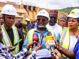 L-R: The Honourable Minister of Water Resources and Sanitation, Engr. Prof. Joseph Terlumun Utsev, Gombe State Commissioner for Water Resources Hon. Muhammad Fawu, Minister of State for Water Resources and Sanitation, Rt. Hon Bello Muhammad Goronyo during the inspection of Dadin Kowa Dam