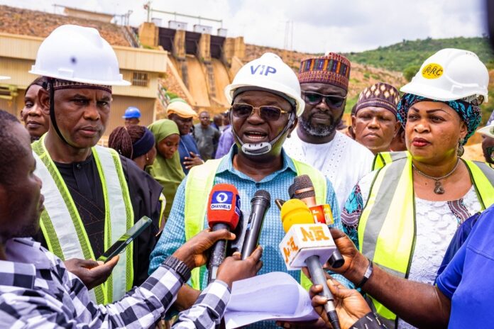 Dadin-Kowa Dam5 L-R: The Honourable Minister of Water Resources and Sanitation, Engr. Prof. Joseph Terlumun Utsev, Gombe State Commissioner for Water Resources Hon. Muhammad Fawu, Minister of State for Water Resources and Sanitation, Rt. Hon Bello Muhammad Goronyo during the inspection of Dadin Kowa Dam