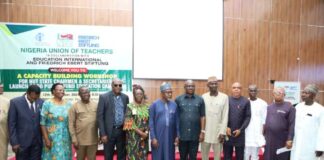Hon. Minister of State for Education, Dr. Yusuf Tanko Sununu (Centre), Comrade Audu Titus Amba( flanked Right), National President, Nigeria Union of Teachers (NUT) and other participants at the one-day Capacity Building Workshop for State Chairmen and Secretaries of the Union held on 12th September, 2024 at De Silver Green Luxury Hotel, Gudu, Abuja.
