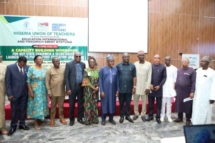 Education Financing Hon. Minister of State for Education, Dr. Yusuf Tanko Sununu (Centre), Comrade Audu Titus Amba( flanked Right), National President, Nigeria Union of Teachers (NUT) and other participants at the one-day Capacity Building Workshop for State Chairmen and Secretaries of the Union held on 12th September, 2024 at De Silver Green Luxury Hotel, Gudu, Abuja.