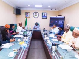 FROM LEFT TO RIGHT 1. Olotu Funmi - NASSCO 2. Abel Enitan - Permanent Secretary, Federal Ministry of Humanitarian Affairs and Poverty Alleviation (FMHAPA) 3. Aisha Omar - RCP PS-FMF 4. Abubakar Atiku Bagudu - Minister of Budget and Economic Planning 5. Wale Edun - Honorable Minister of Finance and Coordinating Minister of the Economy 6. Mohammed Idris Malagi - Minister of Information and National Orientation 7. Elsie Attafuah - Resident Representative, UNDP Nigeria. 8. Badamasi Lawal - National Coordinator - NSIPA 9. Abdullahi Imam - NCTO