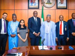 L-R: Arjun Jain UNHCR Nigeria Country Representative, Abdouraouf Gnon Konde Director of the Regional Bureau of UNHCR for West and Central Africa, Ruven Menikdiwela Assistant High Commissioner (protection) UNHCR, Raouf Mazou Assistant High Commissioner (Operations) Commissioner for Refugees UNHCR, Sen. Abubakar Atiku Bagudu CON. Minister of Budget and Economic Planning, Dr Vitalis Emeka Obi, Permanent Secretary of Budget and Economic Planning, Dr Sampson Ebi,maro, Director of International Cooperation in the Ministry, during a courtesy visit by the United Nations High Commissioner for Refugees to the Minister on Wednesday 14th August 2024.