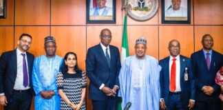 L-R: Arjun Jain UNHCR Nigeria Country Representative, Abdouraouf Gnon Konde Director of the Regional Bureau of UNHCR for West and Central Africa, Ruven Menikdiwela Assistant High Commissioner (protection) UNHCR, Raouf Mazou Assistant High Commissioner (Operations) Commissioner for Refugees UNHCR, Sen. Abubakar Atiku Bagudu CON. Minister of Budget and Economic Planning, Dr Vitalis Emeka Obi, Permanent Secretary of Budget and Economic Planning, Dr Sampson Ebi,maro, Director of International Cooperation in the Ministry, during a courtesy visit by the United Nations High Commissioner for Refugees to the Minister on Wednesday 14th August 2024.