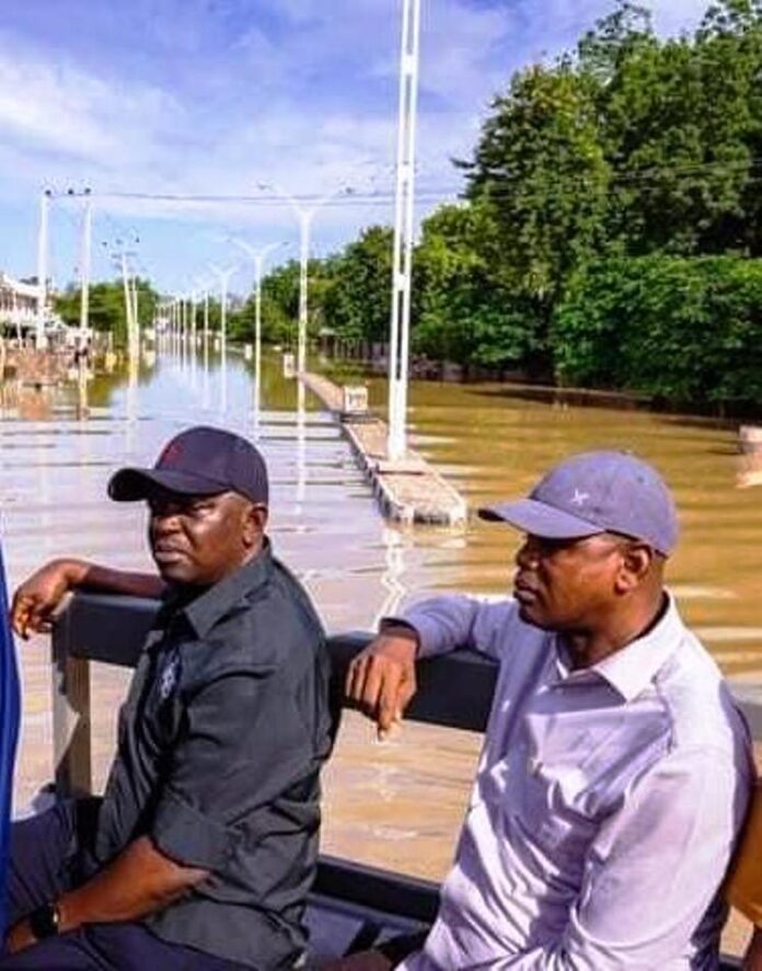 Federal Government to Upgrade Alau Dam 1 The Honourable Minister of Water Resources and Sanitation, Engr. Prof. Joseph Terlumun Utsev (left), and the Honourable Minister of State, Rt. Hon. Bello Muhammad Goronyo (right), during an assessment tour of the flood-ravaged Maiduguri metropolis on Thursday, September 12, 2024.