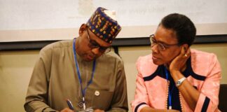 The Honourable Minister of State, Water Resources and Sanitation, Rt. Hon. Bello Muhammad Goronyo Esq with the Director, Water Quality Control and Sanitation Mrs. Elizabeth Ugoh