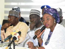 The Honourable Minister, Federal Ministry of Youth Development, Dr. Jamila Bio Ibrahim (center), in a photograph with the State Youth Commissioners from the 36 States and the FCT during a recent Consultative Meeting held in Abuja.