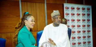 Honourable Minister of Women Affairs, Barrister (Mrs) Uju Kennedy-Ohanenye welcoming the Honourable Minister of Budget and Economic Planning, Senator Abubakar Bagudu, to the 2nd Meeting of the High-Level Advisory Council on the Support of Women and Girls in Nigeria held today in Abuja