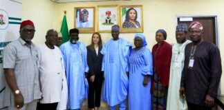The representative of the Permanent Secretary MPR and the Director of Gas Department in the Ministry, Mrs. Oluremi Komolafe (4th right) flanked by the Permanent Secretary, Federal Ministry of Industry, Trade and Investment, Amb. Nura Abba Rimi (5th right); Head of Sustainability Investment, Gulf Capital UAE, Dr. Miray Zaki (5th left) and the officials of FOSSREA in a group photograph at the courtesy visit.