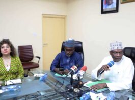 The Honourable Minister for Education Prof Tahir Mamman(centre ) The Honourable Minister of State, Hon Dr Tanko Yusuf Sununu ( flanked left), The World Bank's Practice Manager of Education for West Africa, Scherezad Latif, (flanked by minister of state) at the meeting with World Bank Steering Committee on Human Capital Opportunities for Prosperity and Equality (HOPE) held at FME Headquarters Abuja.