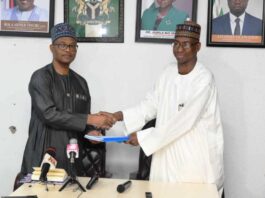 L-R: Mr. Olubunmi Olusanya taking over from Dunoma Umar Ahmed, PhD as Permanent Secretary Federal Ministry of Youth Development .
