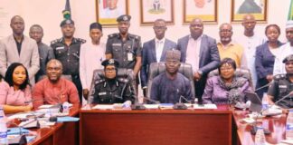 Seated L-R: 2nd Coordinator of the Central Delivery Coordination Unit, Mr. Esege E. Esege; DCP Ramatu Sada; Permanent Secretary, Mr. James Sule; Director, Planning Research and Statistics, Mrs. Margaret Azeez; DCP Ayodele Adeyemi; Special Assistant (Strategy HMS), Mike Imafidor and others during the Ministerial Delivery Task Team comprises desk officers and representatives from the Nigeria Police Force (NPF), Nigeria Police Trust Fund (NPTF), Ministry, and Police Academy was inaugurated by the Permanent Secretary at the Headquarters of the Ministry in Abuja.