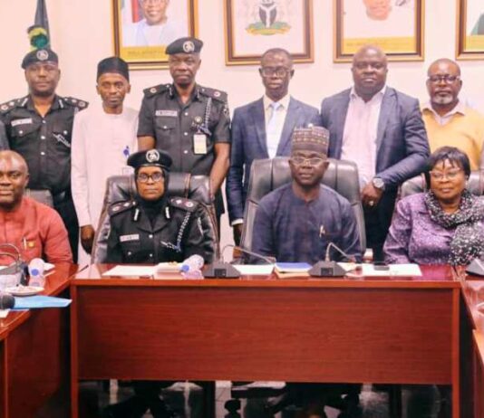 Seated L-R: 2nd Coordinator of the Central Delivery Coordination Unit, Mr. Esege E. Esege; DCP Ramatu Sada; Permanent Secretary, Mr. James Sule; Director, Planning Research and Statistics, Mrs. Margaret Azeez; DCP Ayodele Adeyemi; Special Assistant (Strategy HMS), Mike Imafidor and others during the Ministerial Delivery Task Team comprises desk officers and representatives from the Nigeria Police Force (NPF), Nigeria Police Trust Fund (NPTF), Ministry, and Police Academy was inaugurated by the Permanent Secretary at the Headquarters of the Ministry in Abuja.