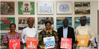 R – L Engr. Ahmad Kawu, secretay of programme (OSSAP-SDGs), Senator Eze Ajoku, 1ST Vice Presisident CSO Strategy Group, Princess Adejoke Orelope-Adefulire OFR, SSAP-SDGs, Dr. Uzodinma Aderieje, President CSO Strategy on SDGs. Amb. (Mrs.) Caroline Usipedo Oliseowe
