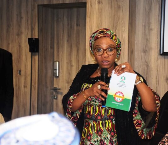 Mrs Nnenna Akajemeli, National Coordinator/ CEO SERVICOM PRESIDENCY Launching the SERVICOM Charter of the National Salaries and Wages Commission