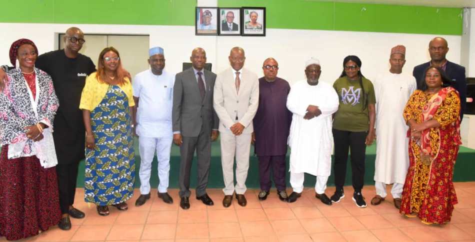 Hon. Minister of Sport Development, Sen. John Owan Enoh, flanked to his right by the Chairman of Investigative committee on the various negative exposure to the country at the Paris 2024 Olympics and Paralympic Games, Dr. Mumini Alao and other members of the committee in Abuja on Wednesday, 25th September, 2024