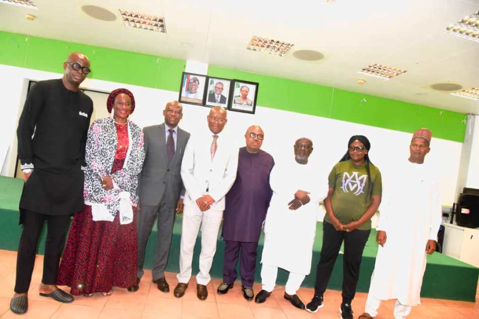 Hon. Minister of Sport Development, Sen. John Owan Enoh, flanked to his right by the Chairman of Investigative committee on the various negative exposure to the country at the Paris 2024 Olympics and Paralympic Games, Dr. Mumini Alao and other members of the committee in Abuja on Wednesday, 25th September, 2024