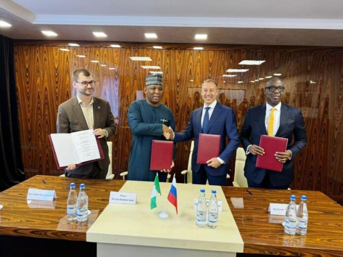 Steel Devt. Bilateral Relations1 L-R: President, Metallurgical Holding “Novostal -M", Demchenko Iva Ivanovich; the Honourable Minister of Steel Development, Prince Shuaibu Abubakar Audu; General Director TPE, Mr. Egorov Sergei Anatolevich and the Group Managing Director, Proforce Manufacturing Limited, Mr. Adetokunbo Ogundeyin during the Signing of the MoU between Ministry of Steel Development, Tyazhpromexport, Novostal-M and Proforce Manufacturing Limited, in Moscow recently.