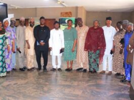 Permanent Secretary, Federal Ministry of Innovation, Science and Technology, Mrs. Esuabana Nko Asanye (middle) Hon. Commissioner, Ministry of Science and Technology, Taraba State, Muslim Usman Abdullahi (9th left) Director, Finance and Account, Ministry of Science and Technology, Taraba State, Mr. Ahmadu Sagaba Yiljeye (left) Director, Planning Research and Policy Analysis Depart. FMIST, Mrs. Salamatu Mohammed (7th right) Deputy Director, Press and Public Relations FMIST, Mr. Atuora Obed (right) Director, Renewable and Conventional Energy Technology Depart. FMIST, Mr. Eluma Garba Mathias (5th left) Acting Permanent Secretary, Ministry of Science and Technology, Taraba State, Mr. Abdullahi Gidado Abbare (8th right) Director, Special Duties Depart. FMIST, Mr. Bisong Simon Agbor (6th right) and others in a group photograph during the visit.