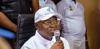 The Honourable Minister of Water Resources & Sanitation Engr. Prof. Joseph Terlumun Utsev, FNSE, FNICE, FNIWE, delivering his Press Statement during the 2024 World Rivers Day Celebration