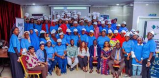 Sitting 4th left, the National President, Nigeria Women in Mining, Engr (Dr.) Janet Adeyemi with the Official of SMDF, Resource Persons and SMDF Trainees during the just concluded 2-Day Training on Gemstones & Jewellry Making held at Civic Centre, Lagos