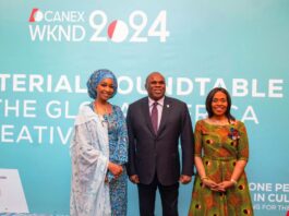 L-R: Hannatu Musa Musawa Minister of Art, Culture and the Creative Economy Nigeria, Benedict Okey Oramah President and Chairman of the Board of Directors of the African Export-Import Bank (Afreximbank), Kanayo Awani Executive Vice President, Intra African Trade and Export Development/ Afrexim Bank, At the Ministerial round table held at CANEX WKND held in Algeria.