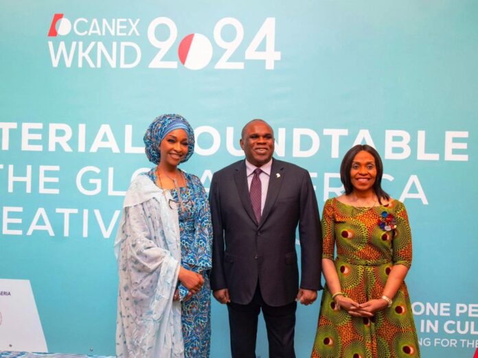 Africa's Fashion and Textile Ecosystem at CANEX 2024 L-R: Hannatu Musa Musawa Minister of Art, Culture and the Creative Economy Nigeria, Benedict Okey Oramah President and Chairman of the Board of Directors of the African Export-Import Bank (Afreximbank), Kanayo Awani Executive Vice President, Intra African Trade and Export Development/ Afrexim Bank, At the Ministerial round table held at CANEX WKND held in Algeria.