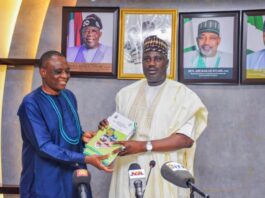 L-R, the Executive Director, NAERLS Prof. Emmanuel Ikani and Minister of State for Agriculture and Food Security,Sen Dr Aliyu Sabi Abdullahi, during the presentation of the 2024 Agricultural Performance Survey Report in Abuja.