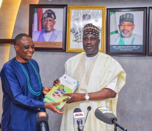 L-R, the Executive Director, NAERLS Prof. Emmanuel Ikani and Minister of State for Agriculture and Food Security,Sen Dr Aliyu Sabi Abdullahi, during the presentation of the 2024 Agricultural Performance Survey Report in Abuja.