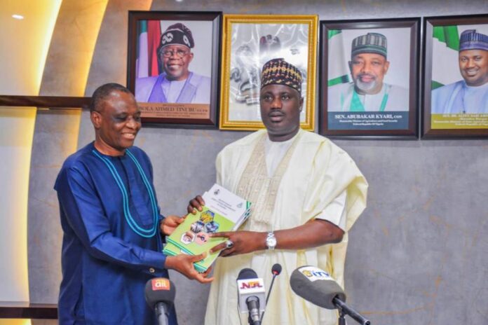 Annual Agricultural Performance Survey Report 1 L-R, the Executive Director, NAERLS Prof. Emmanuel Ikani and Minister of State for Agriculture and Food Security,Sen Dr Aliyu Sabi Abdullahi, during the presentation of the 2024 Agricultural Performance Survey Report in Abuja.