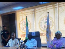 The Honourable Federal Commissioner, Honourable Tijani Aliyu Ahmed at the middle, Director Internally Displaced Persons Hajiya Fatima Mamman Daura at the right, Director HRM Bello M Bello left during the the Press conference